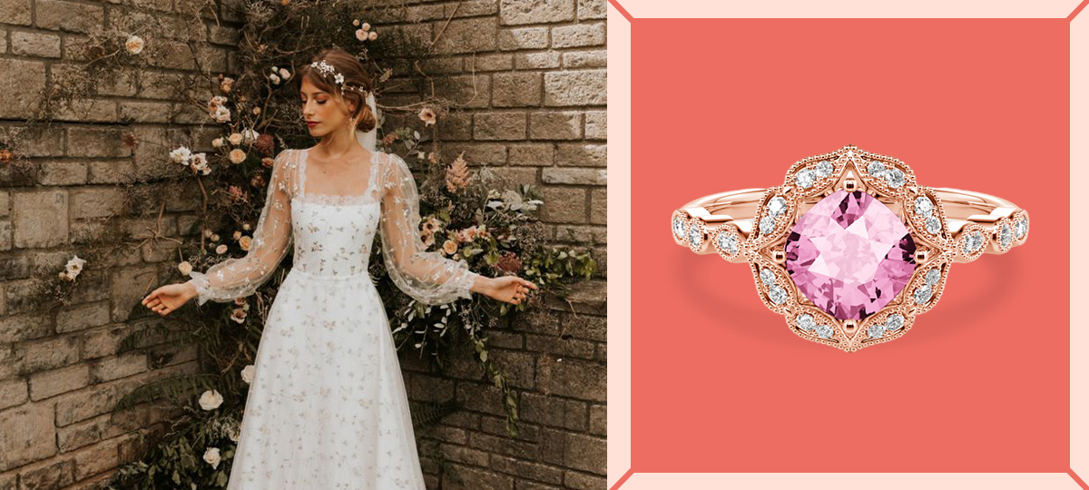 Renaissance wedding dress and its matching vintage engagement ring