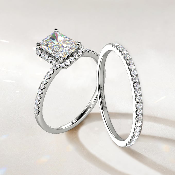 radiant-cut halo wedding ring set