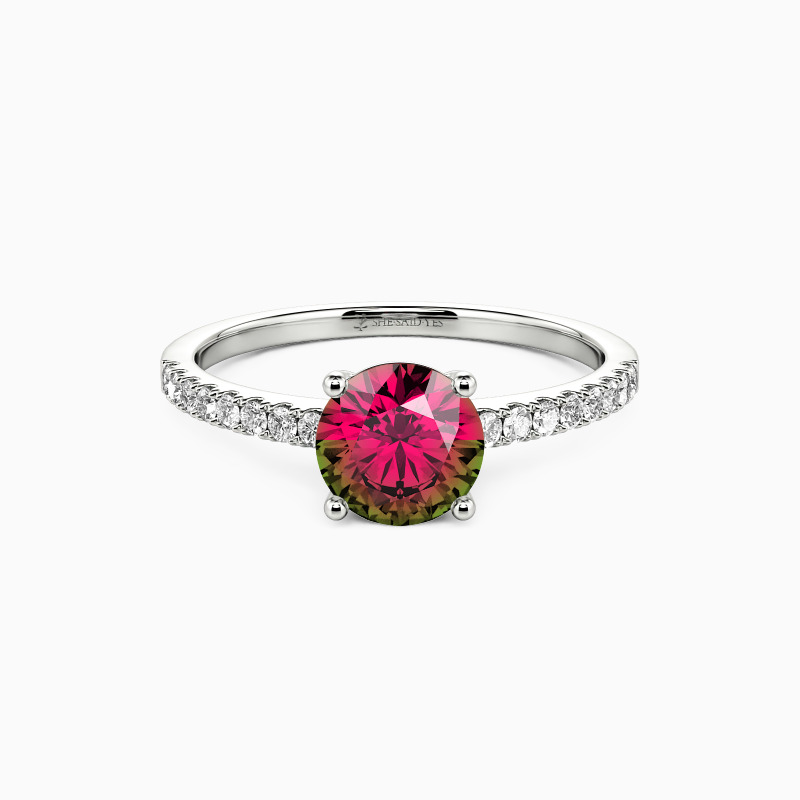 classic round-cut engagement ring with watermelon gemstone