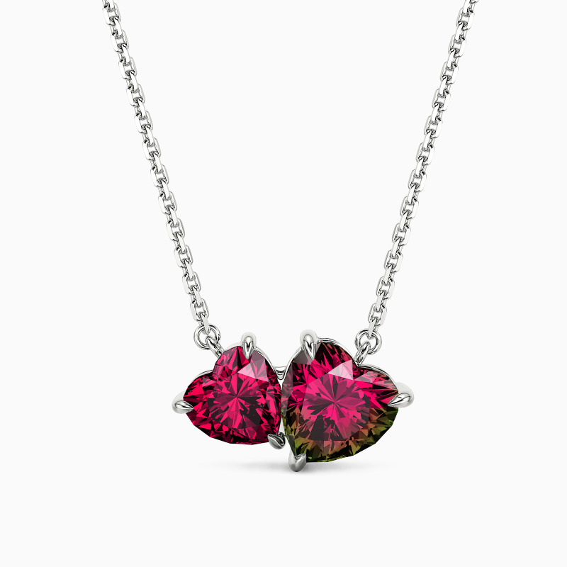 October birthstone jewelry: toi et moi necklace with watermelon and fuchsia red gems