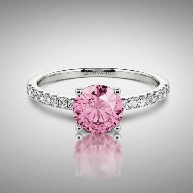 Round Cut Side Stone Pink Engagement Ring