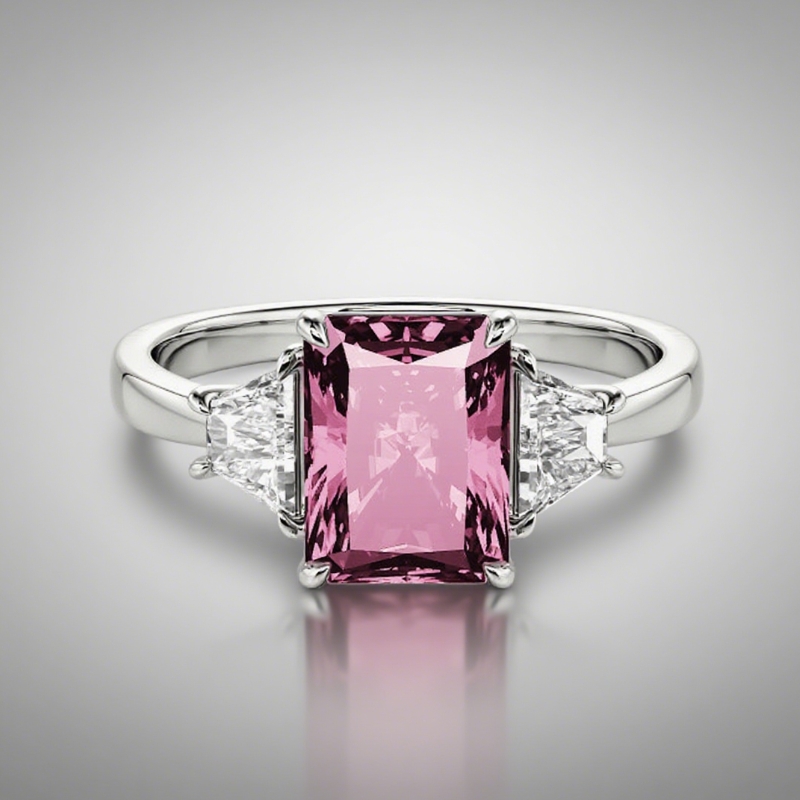 Radiant Cut Three Stone pink Engagement Ring