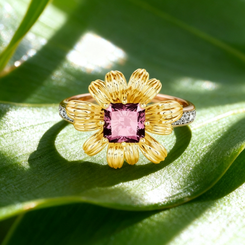 "Sunshine Of Mine" Radiant Cut Side Stone flower Engagement Ring