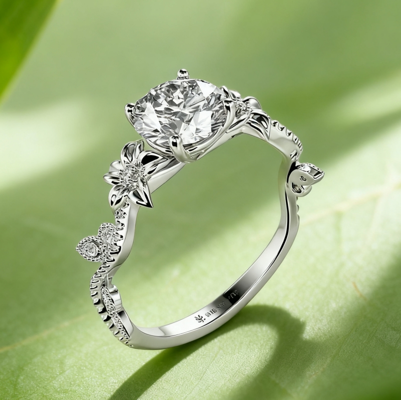 "My Sunshine" Round Cut Side Stone Floral Engagement Rings