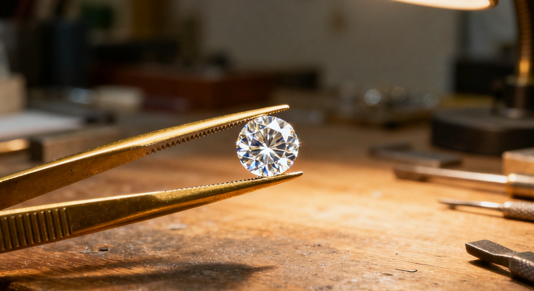 A round brilliant cut diamond held by tweezers