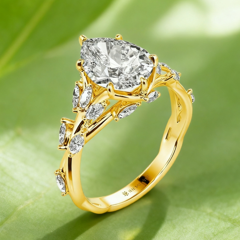 "Whisper Of Flowers" Pear Cut Side Stone Leaf  Engagement Ring