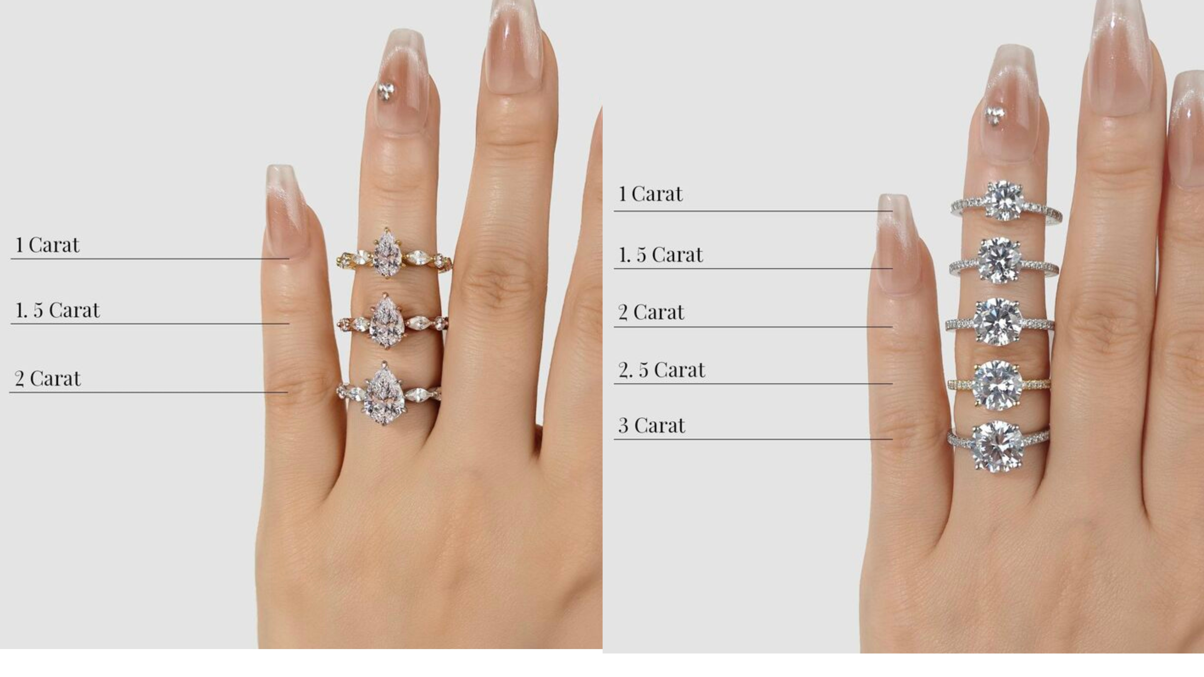 Size of 1-3 carat diamonds in different cuts
