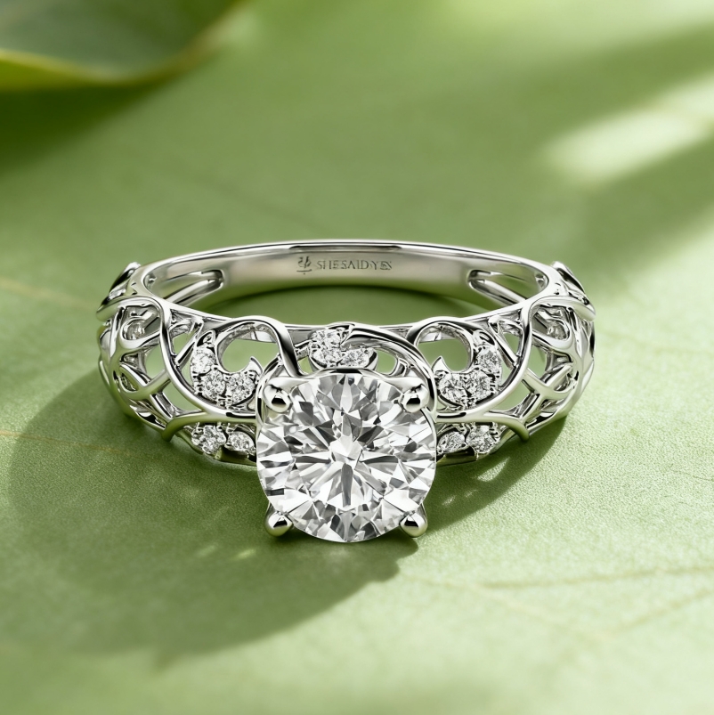 The Starry Heavens Round Cut Side Stone vine-like Engagement Ring