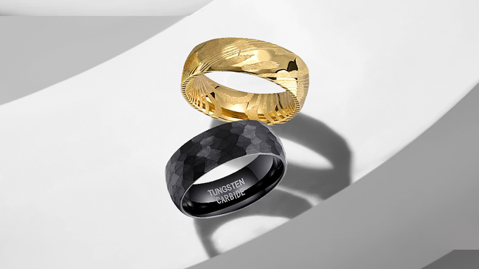 unconventional materials for wedding band: tungsten carbide and Damascus steel