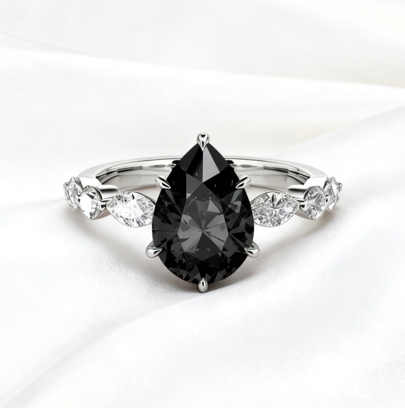 2ct Pear Cut Side Stone Black diamond engagement Ring