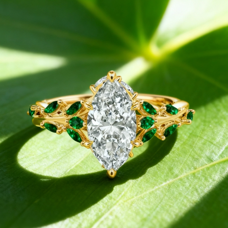 A Gleam of Fondness Marquise Cut Side Stone Leaf Engagement Ring
