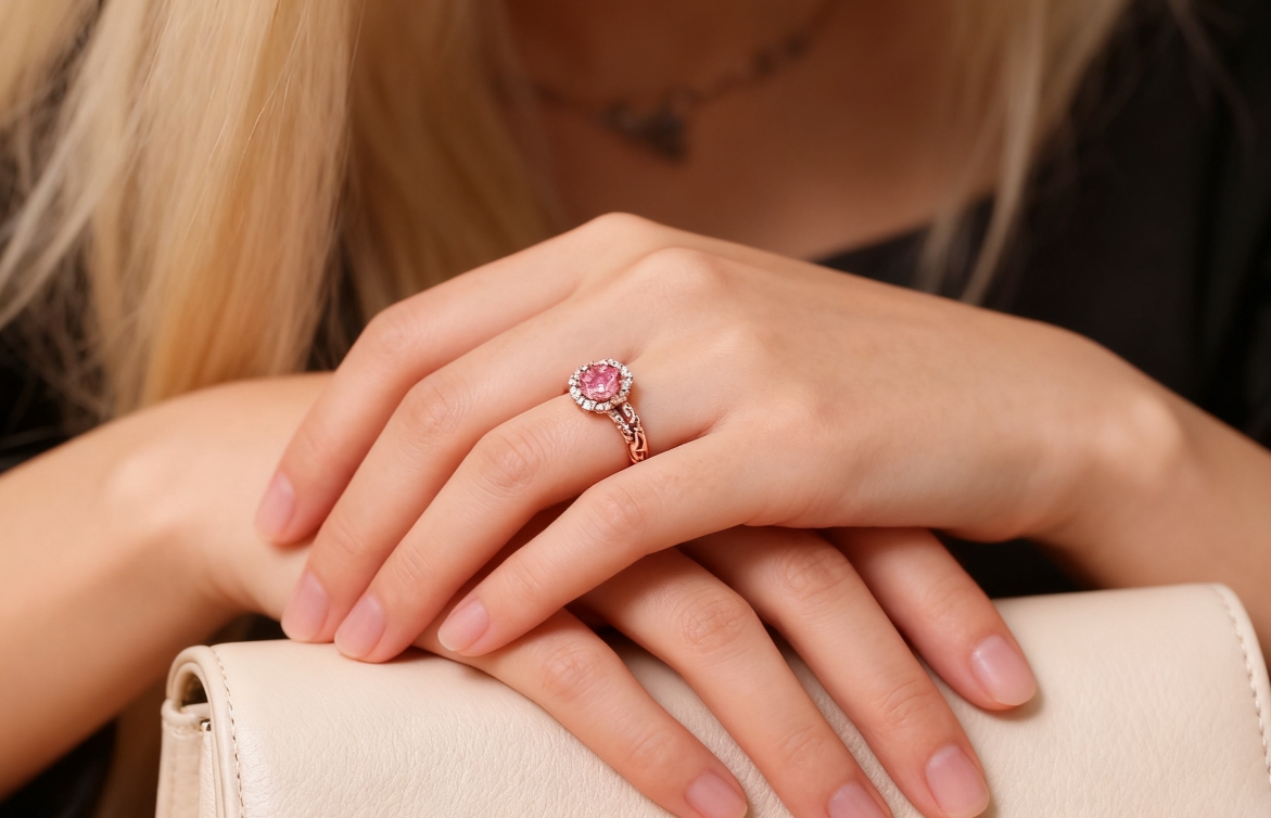 A woman with a promise ring on her left hand.