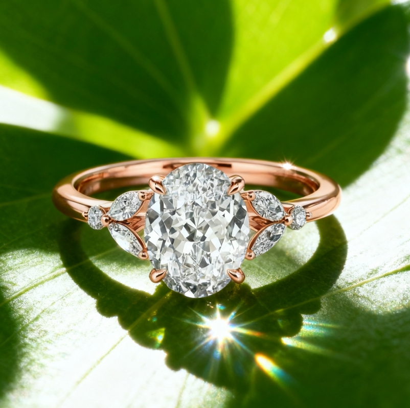 Love Is All Around Oval Cut Side Stone Leaf Engagement Ring