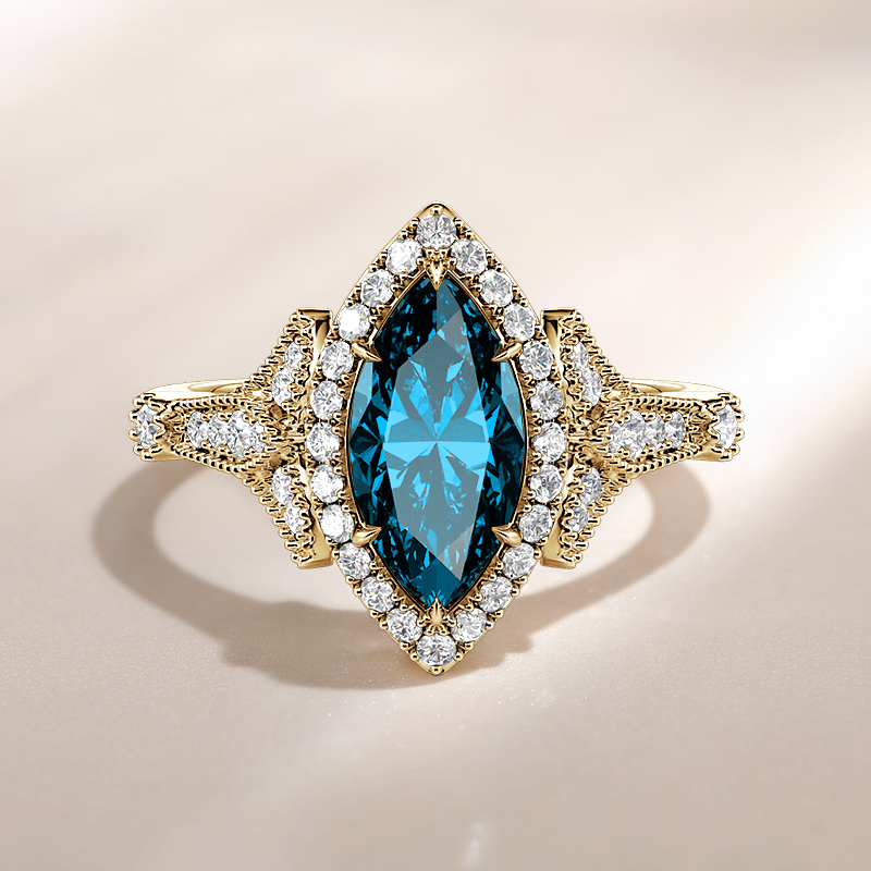 vintage-inspired halo engagement ring with Swiss blue center stone