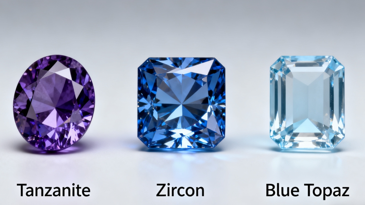 December modern birthstone tanzanite, blue topaz, and zircon