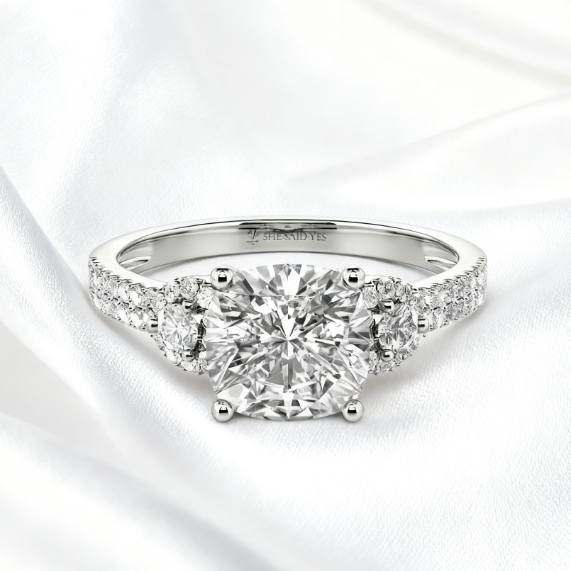 Cushion Cut Side Stone Engagement Ring