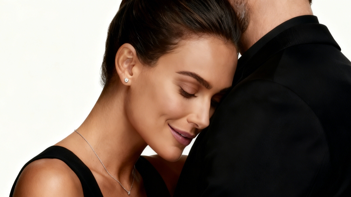 A woman embraces her lover, wearing the jewelry she has always dreamed of