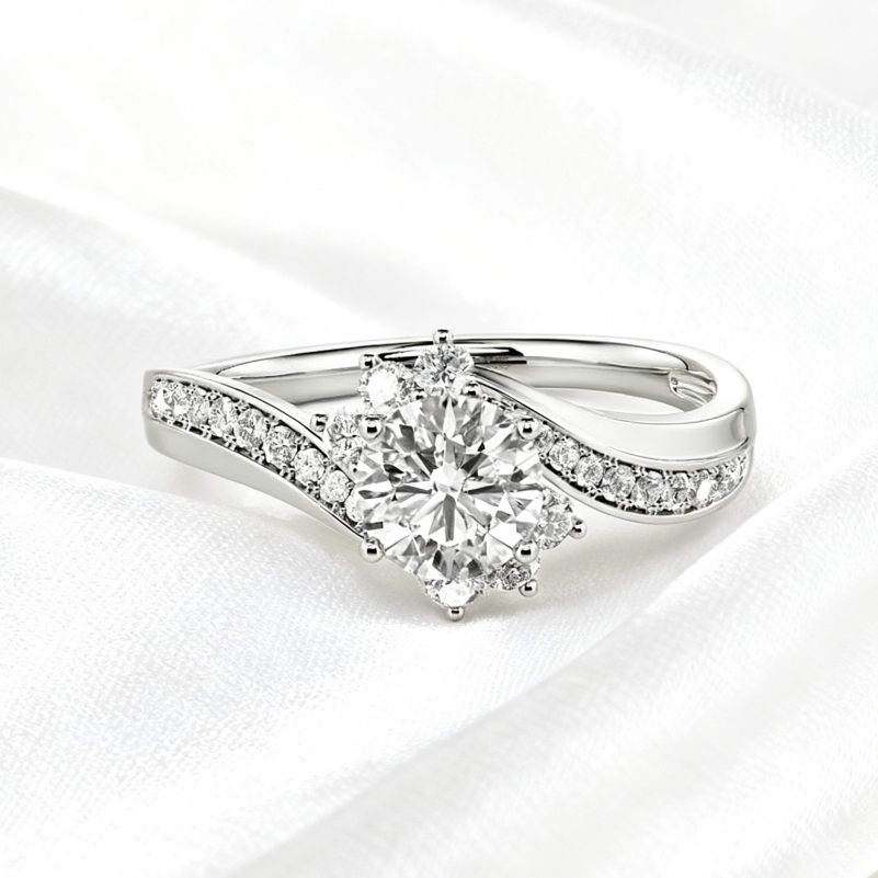 Round Cut Cluster Side Stone Engagement Ring