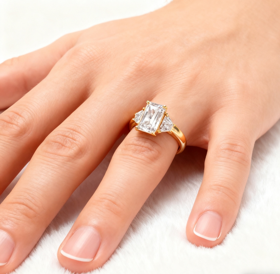 A 2 ct radiant cut diamond three stone ring with a yellow gold band