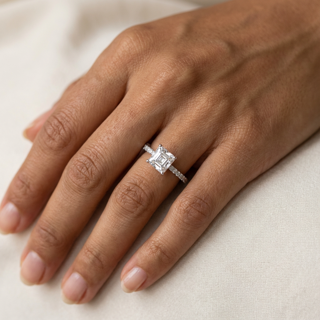 asscher pavé enaggement ring in white gold