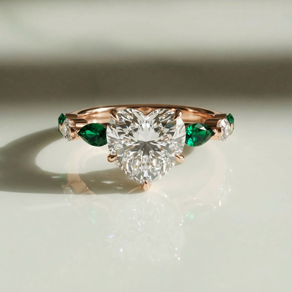 heart-cut engagement ring with emerald green accents
