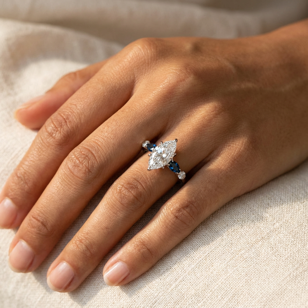 customized engagement ring with Swiss blue side stones