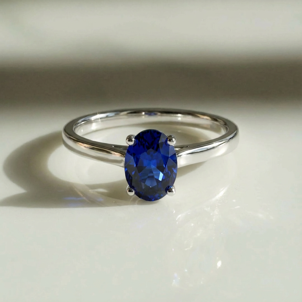 solitaire engagement ring with sapphire blue gemstone