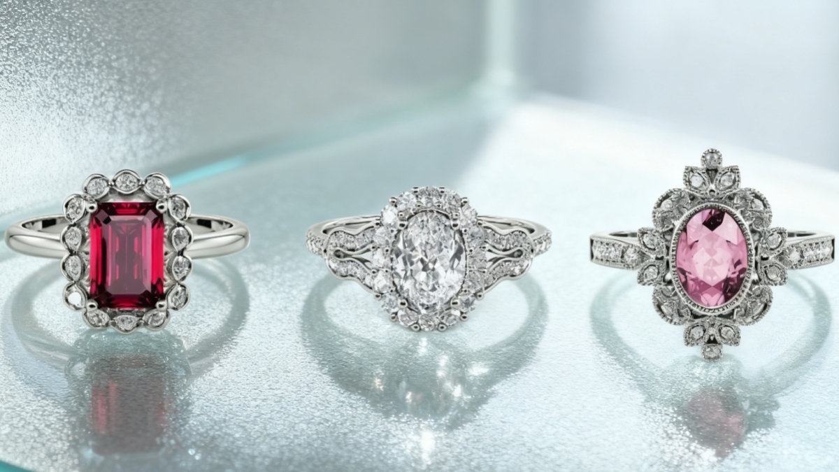 three luxury rings with different gemstone