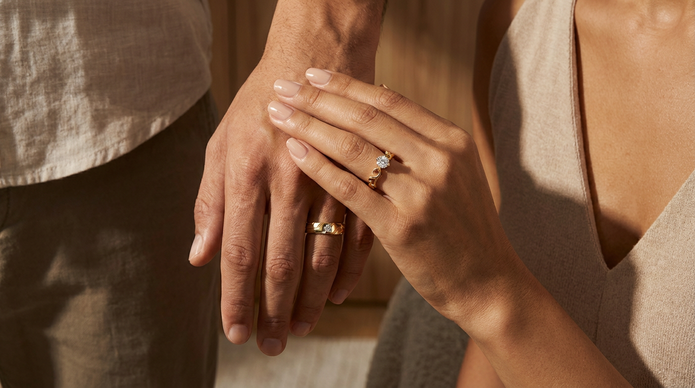 A man and a woman wearing their wedding rings