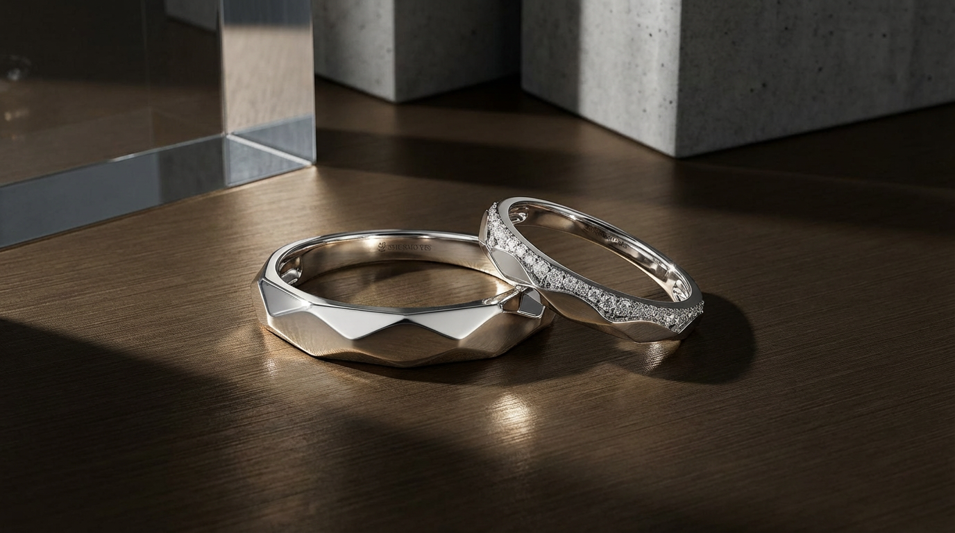 A wedding ring set on a table