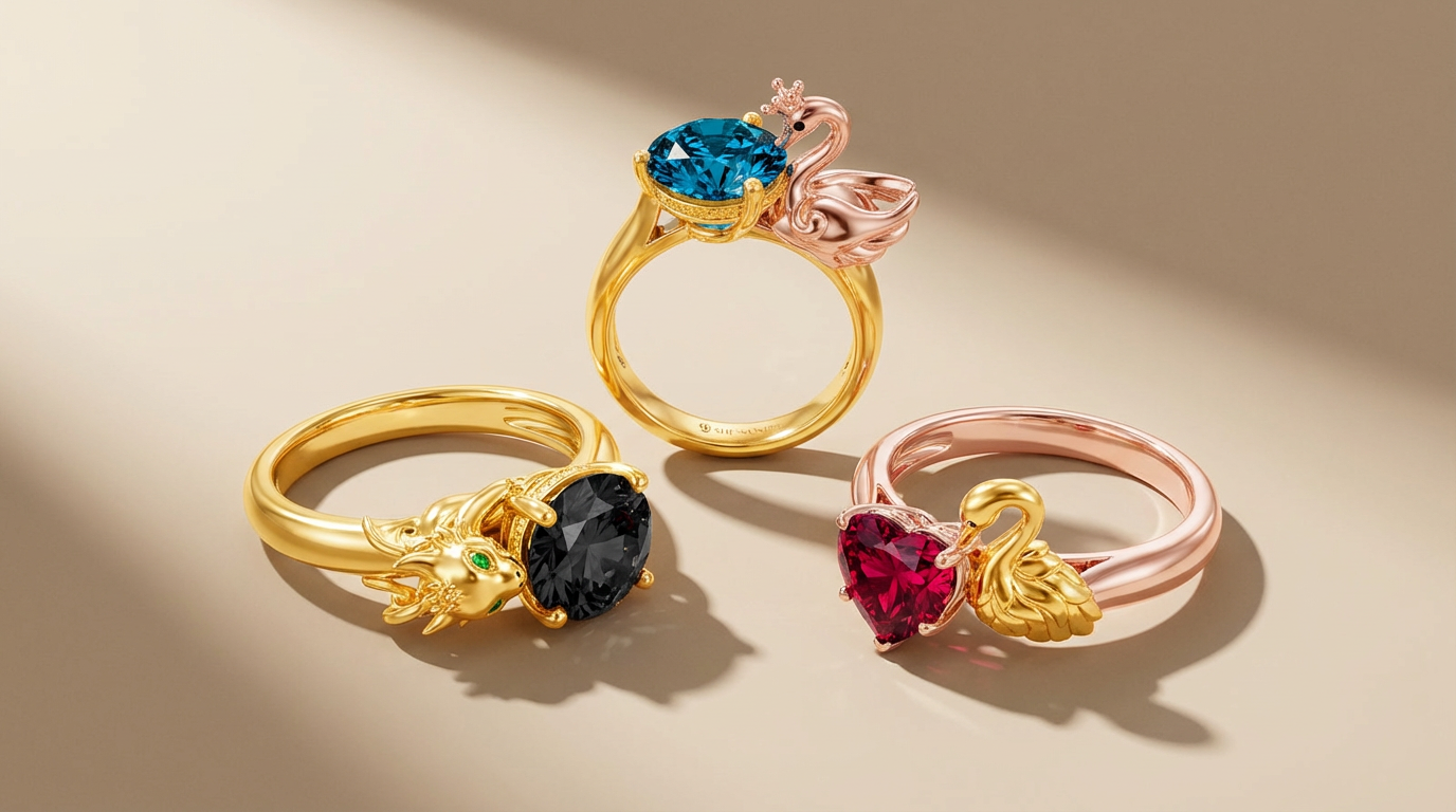 Three Hug Me rings with different animal designs