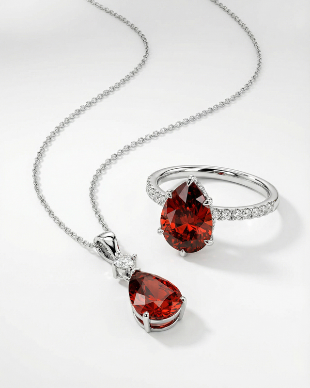 ruby jewelry set: ruby necklace & ruby engagement ring