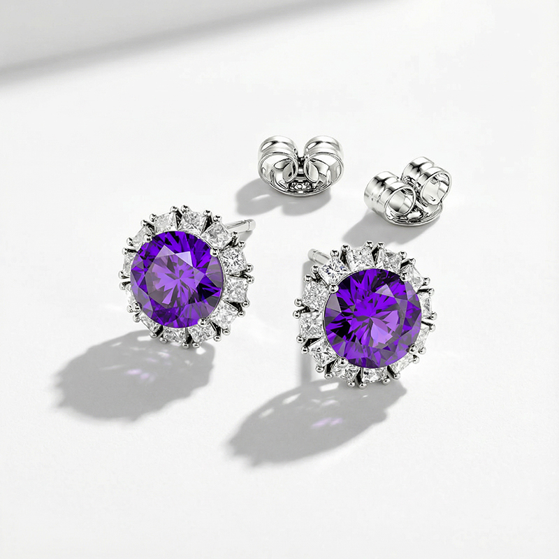 February birthstone jewelry: stud earrings with amethyst gemstones