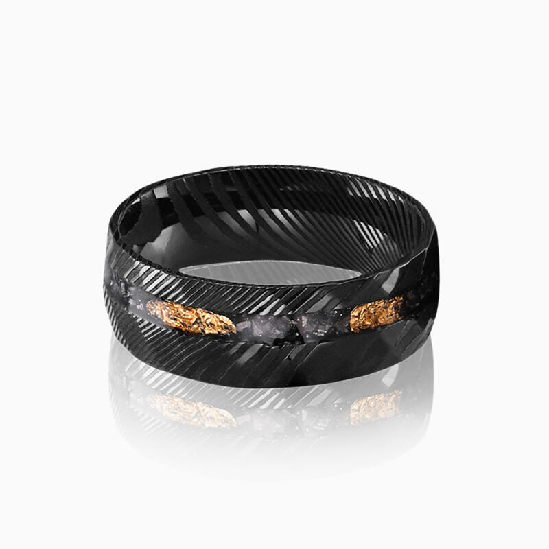 Damascus steel men's ring inlaid with Meteorite