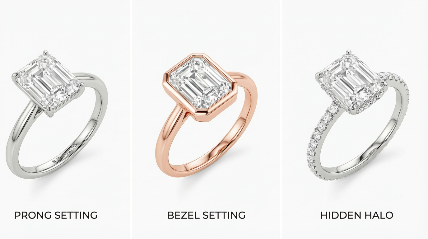 Comparison of Prong, Bezel, and Hidden Halo