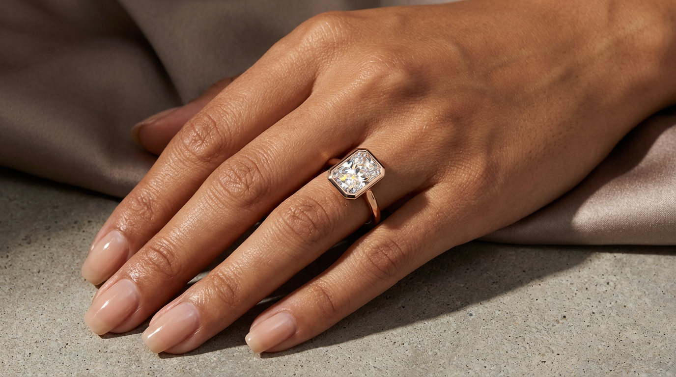 A woman wearing a moissanite engagement ring on her left hand