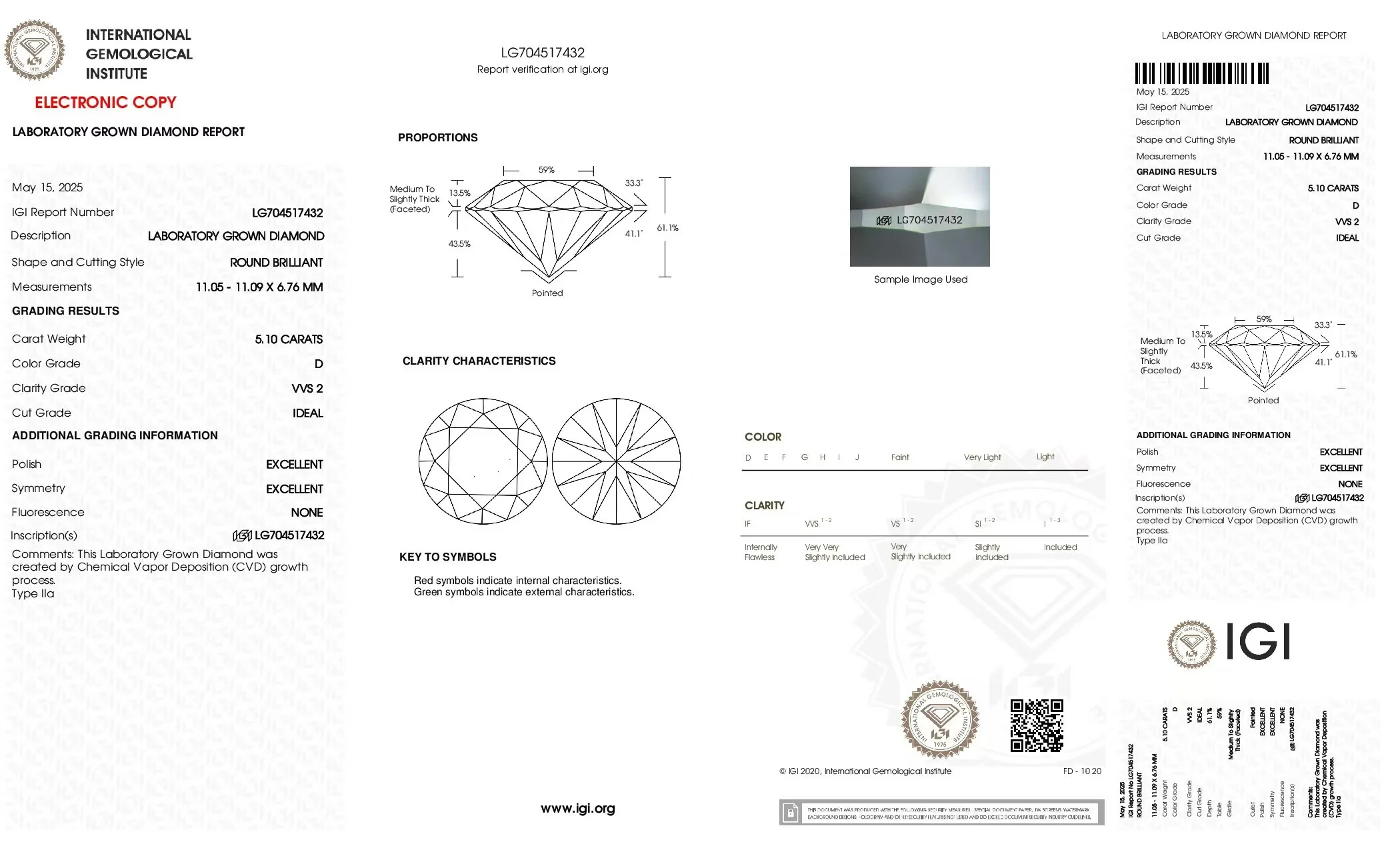 IGI lab-grown diamond report (round brilliant cut diamond)