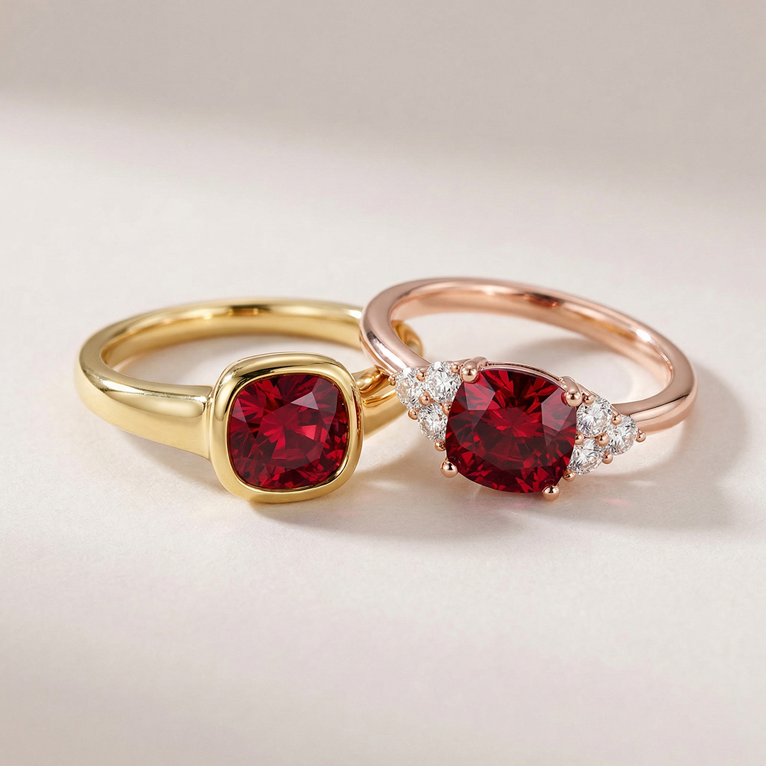 engagement rings with pigeon blood ruby (lab-grown)