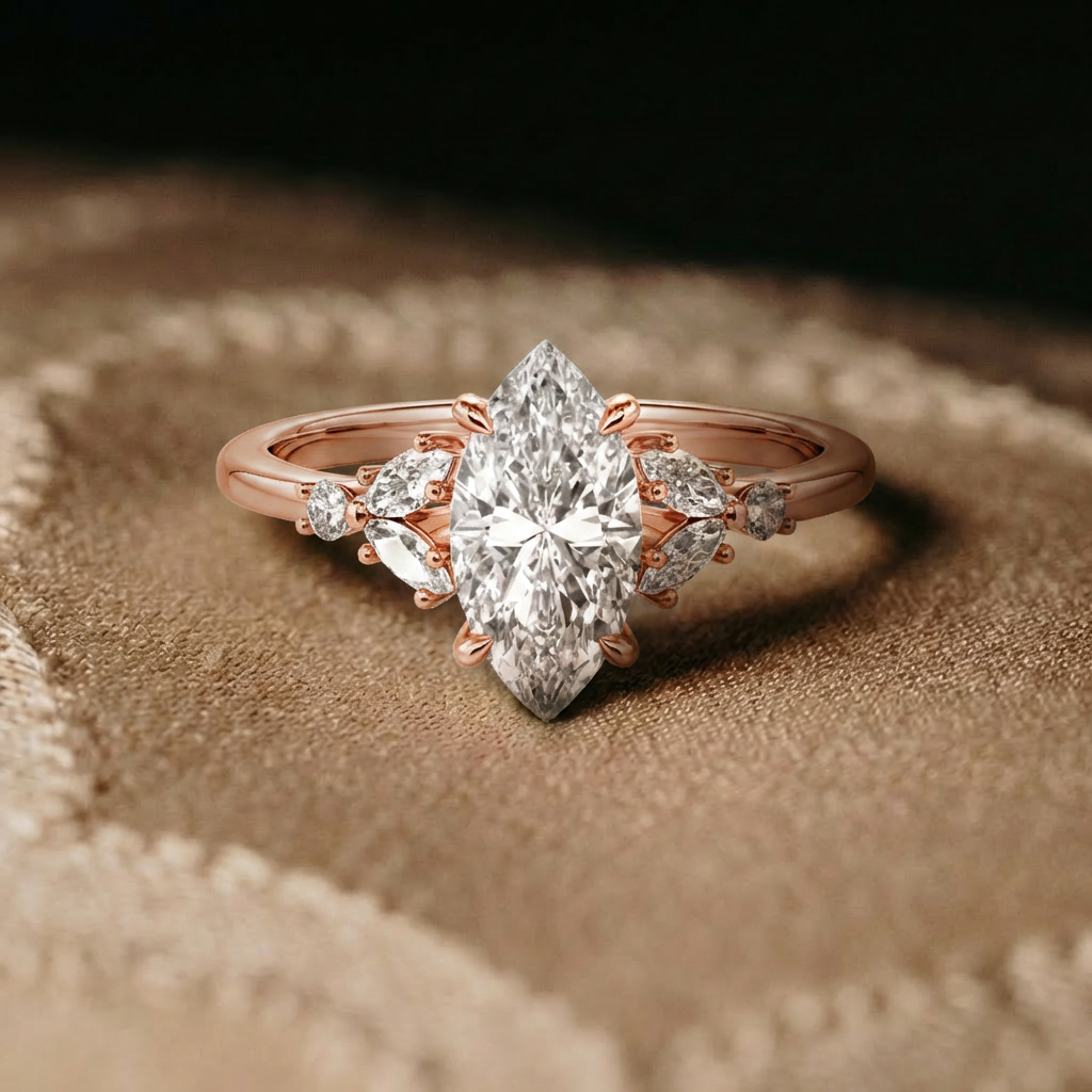 Marquise Cut Cluster Side Stone Engagement Ring