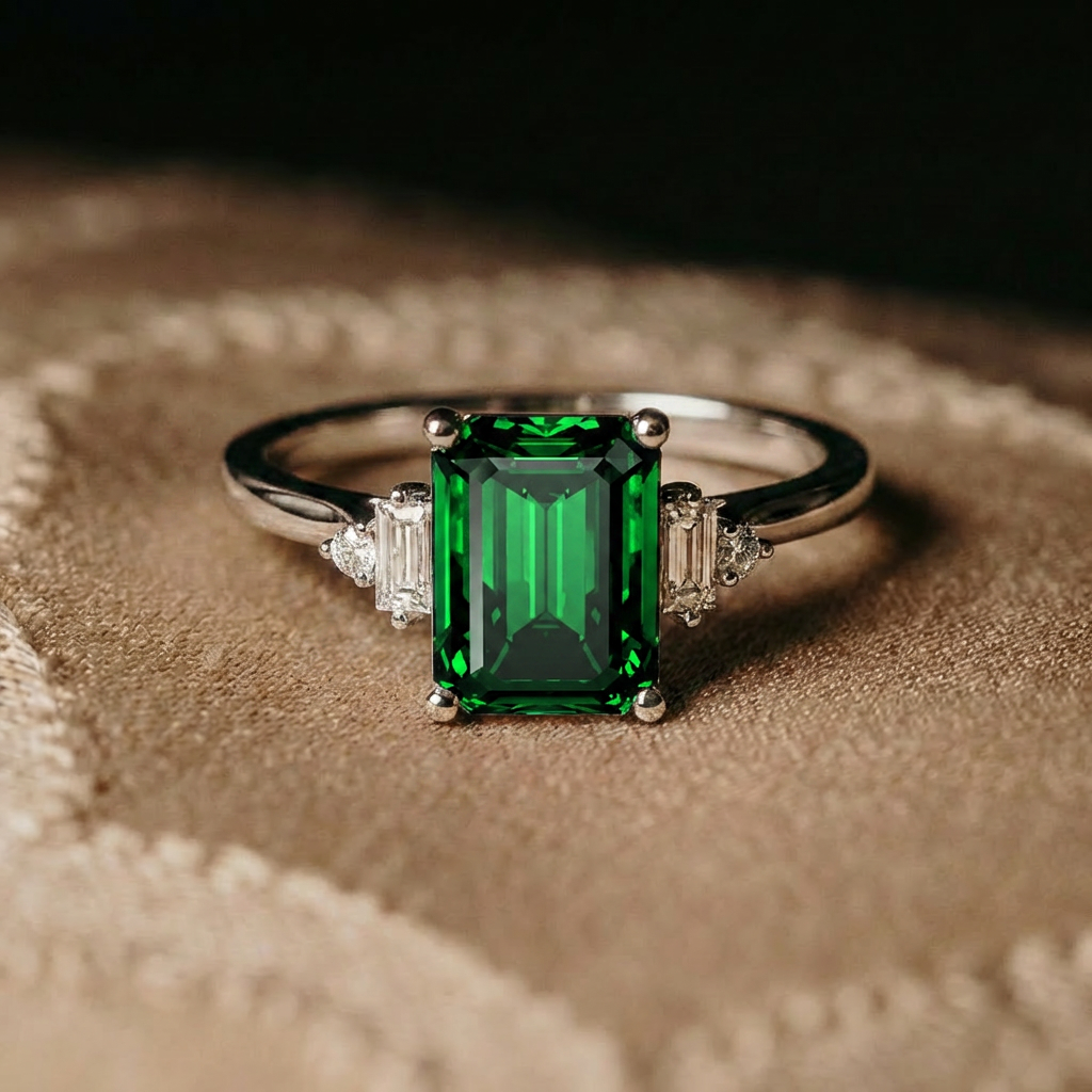 Emerald Cut Side Stone Moissanite Engagement Ring