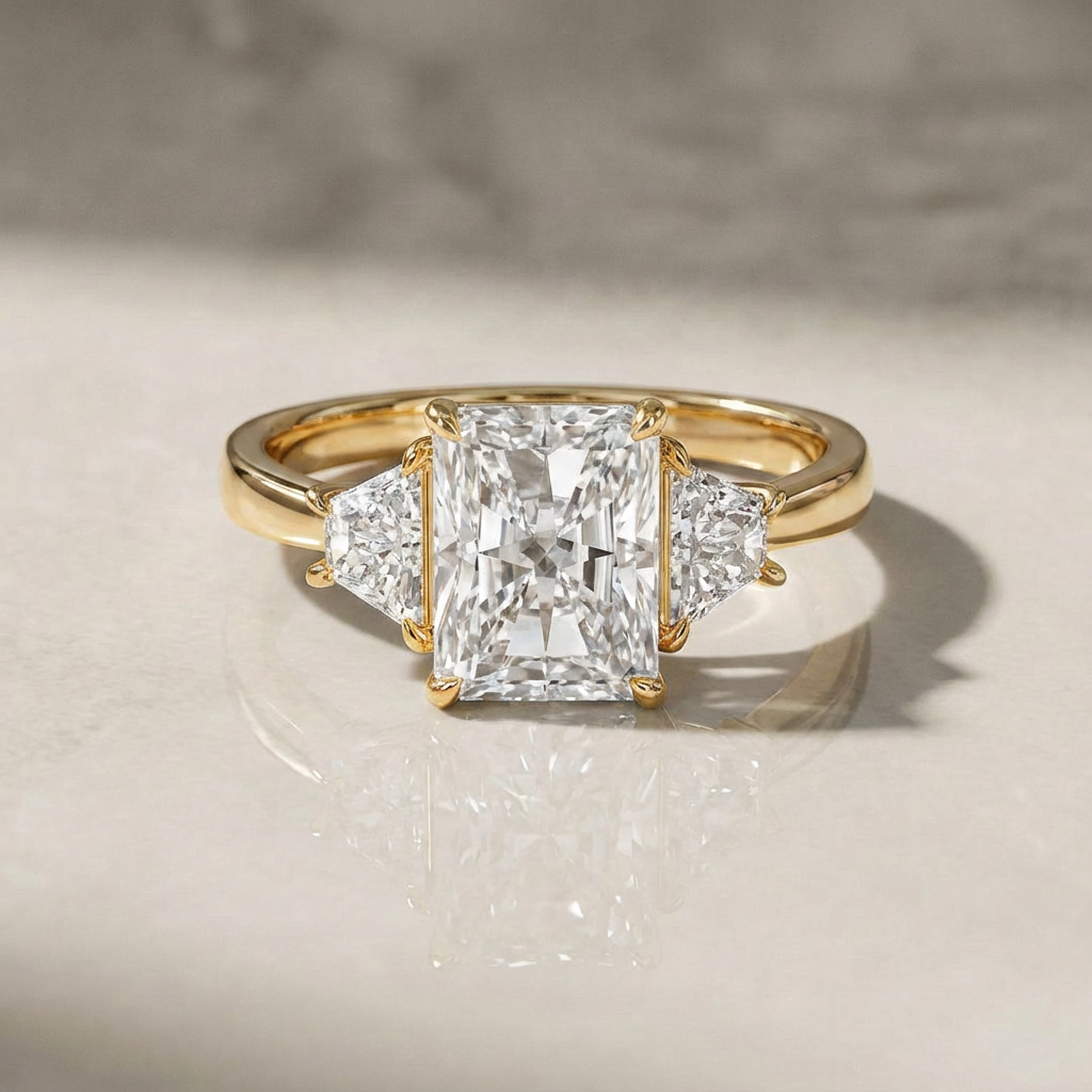 Emerald cut three stone rings
