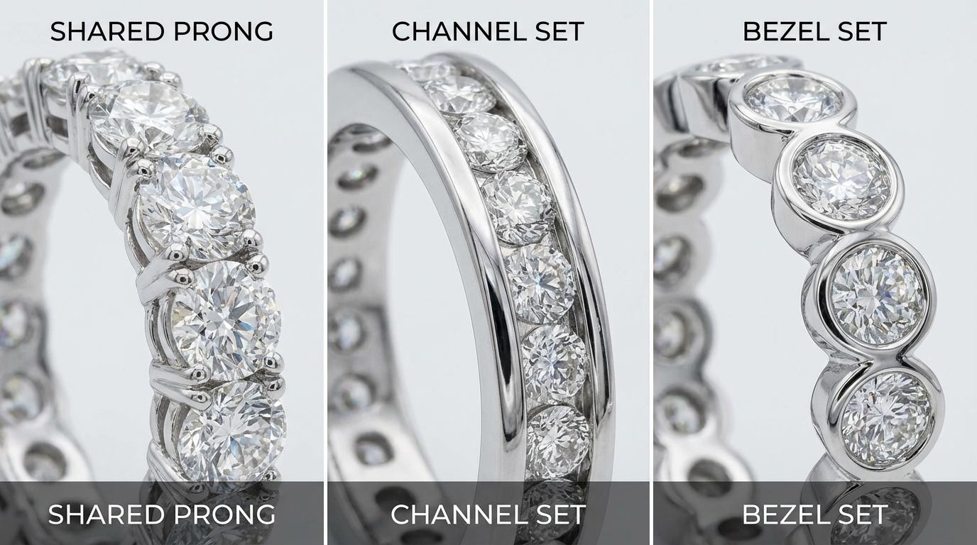 Shared prong, channel setting, and bezel setting details of diamond eternity ring