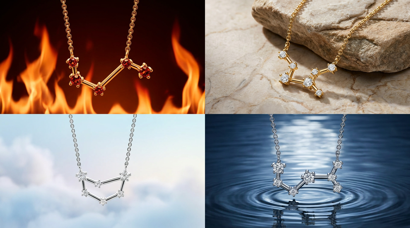 Zodiac necklace meanings by element with fire, earth, air, and water styles