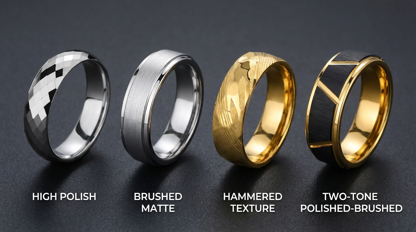 four men's wedding bands in different finishes