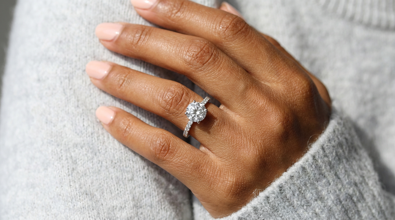 A woman wearing a lab-grown diamond ring on her finger