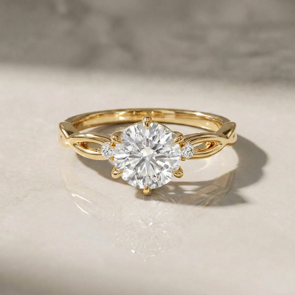 round cut three stone rings