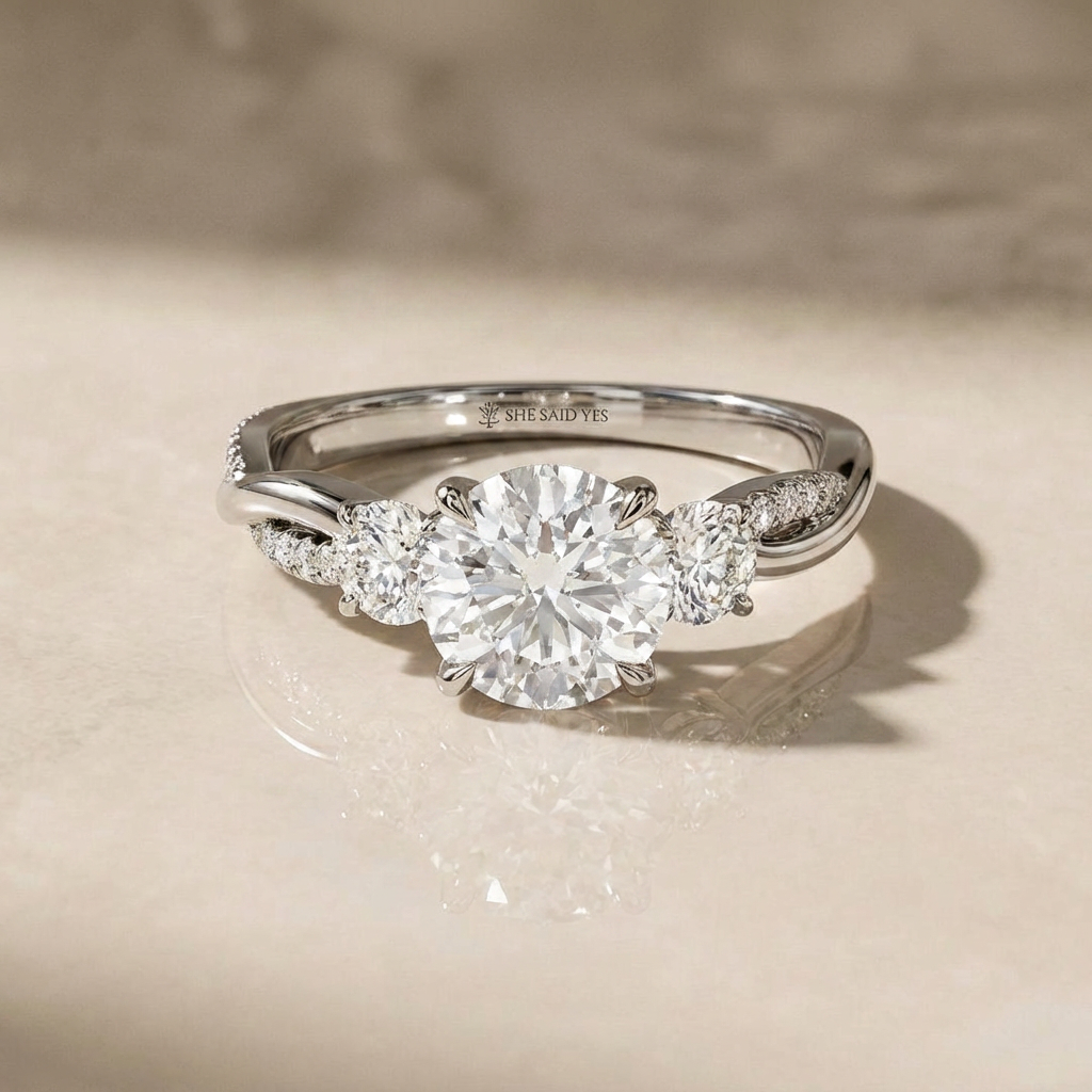 round cut white gold three stone rings