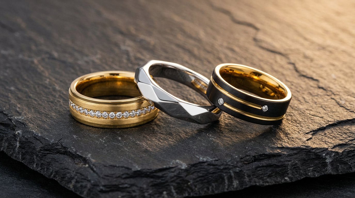 three men's wedding bands on dark slate