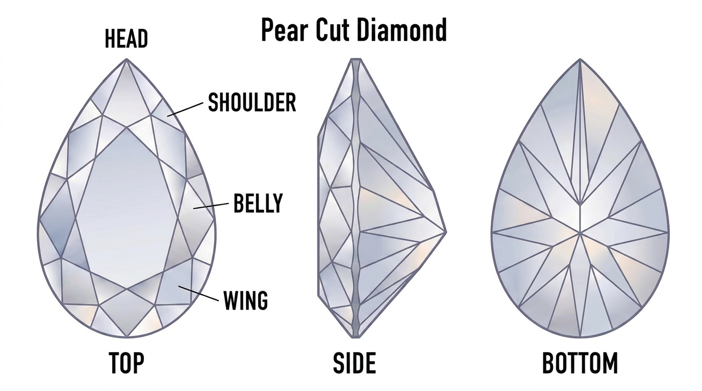 Illustrated diagram of a pear-cut diamond shown from top, side, and bottom views