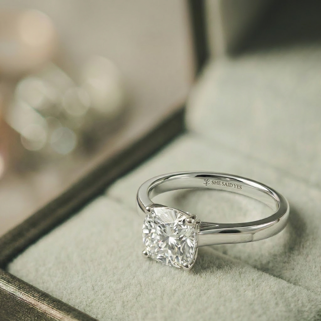 Cushion Cut Engagement Ring in Jewelry Box
